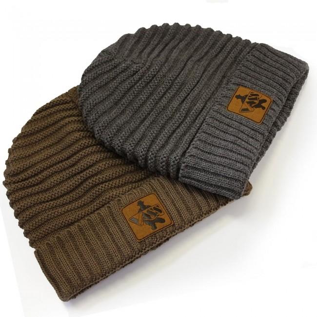 Vass Fleece Lined Ribbed Beanie Brown Rubber Badge czapka zimowa