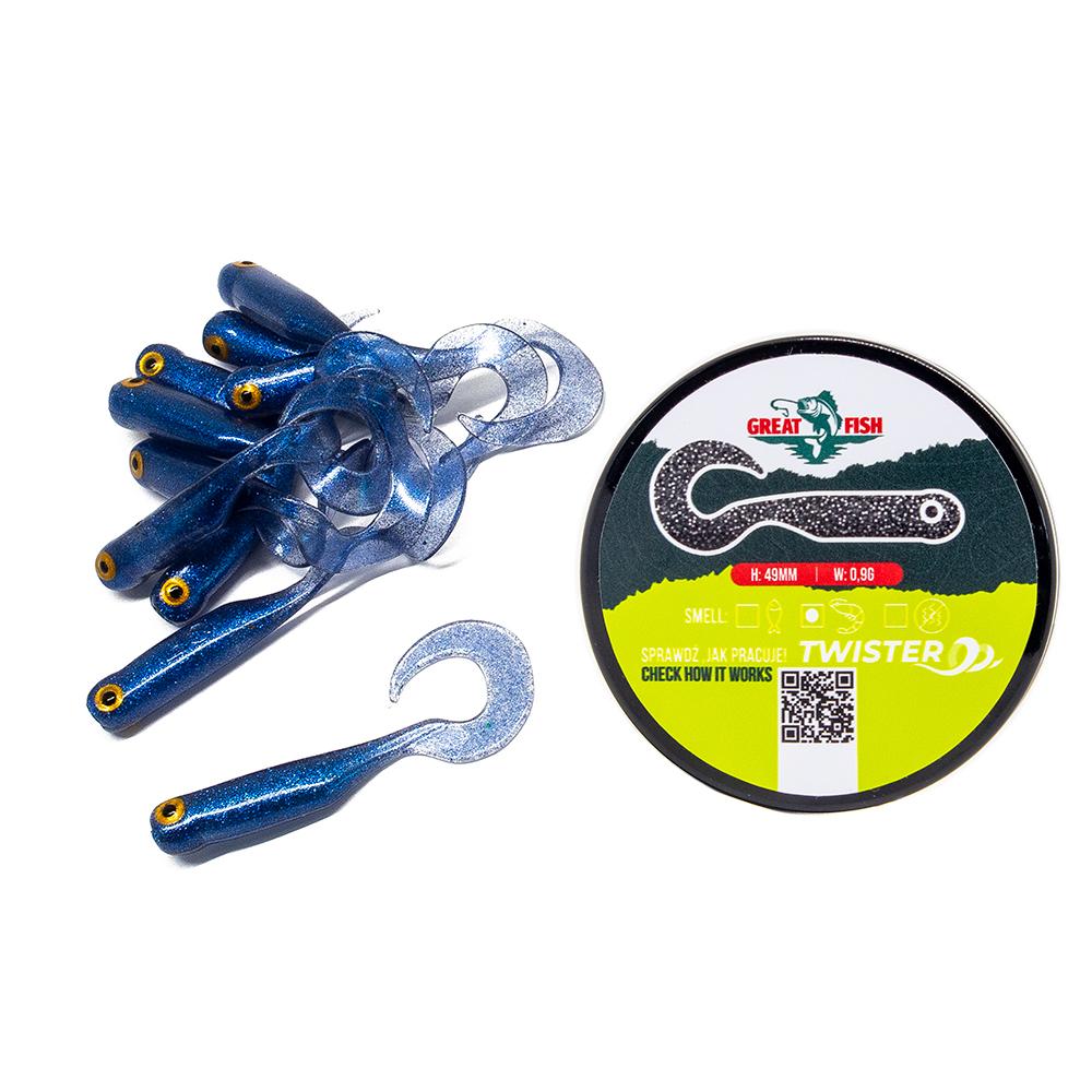 Great Fish GF1 Twister Soft Bait Shrimp Scent Blue Pearl 10szt 49mm