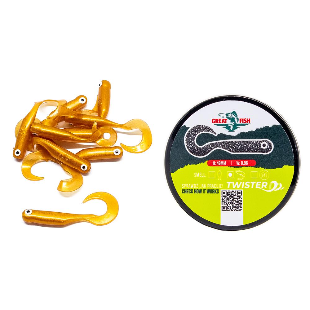 Great Fish GF1 Twister Soft Bait Shrimp Scent Gold 10szt 49mm