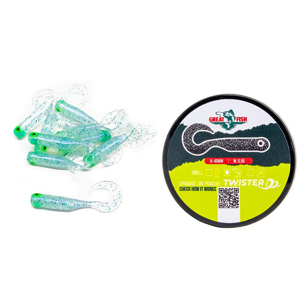 Great Fish GF1 Twister Soft Bait Shrimp Scent Ice Blue 10szt 49mm