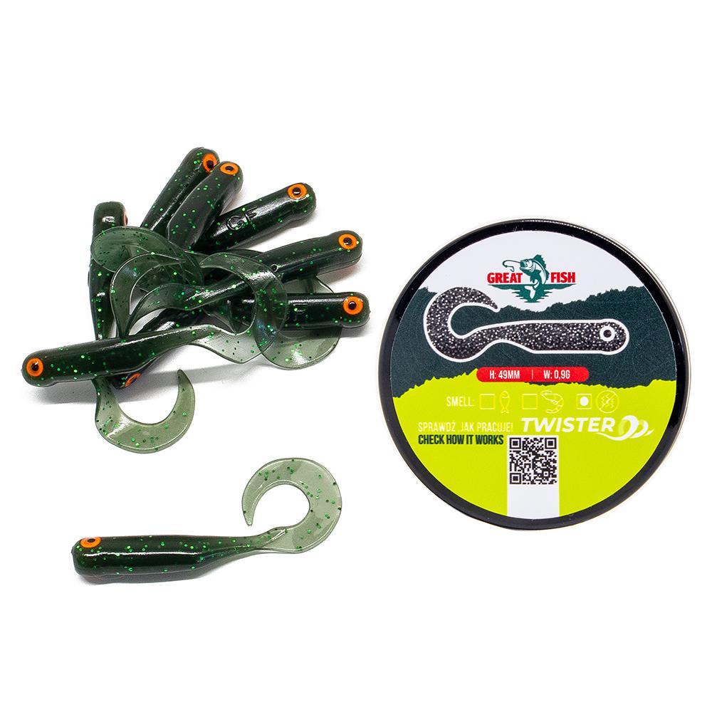 Great Fish GF1 Twister Soft Bait No Scent Magic Green 10szt 49mm